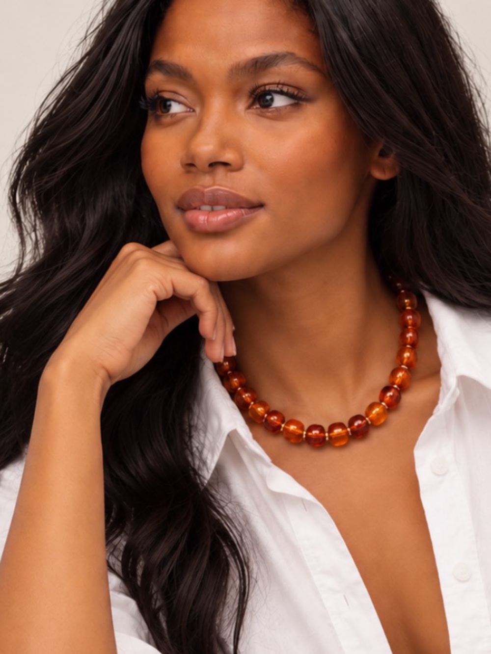 New! Amber Honey Brown Lucite Beaded Fall Neutral Necklace NWOT
